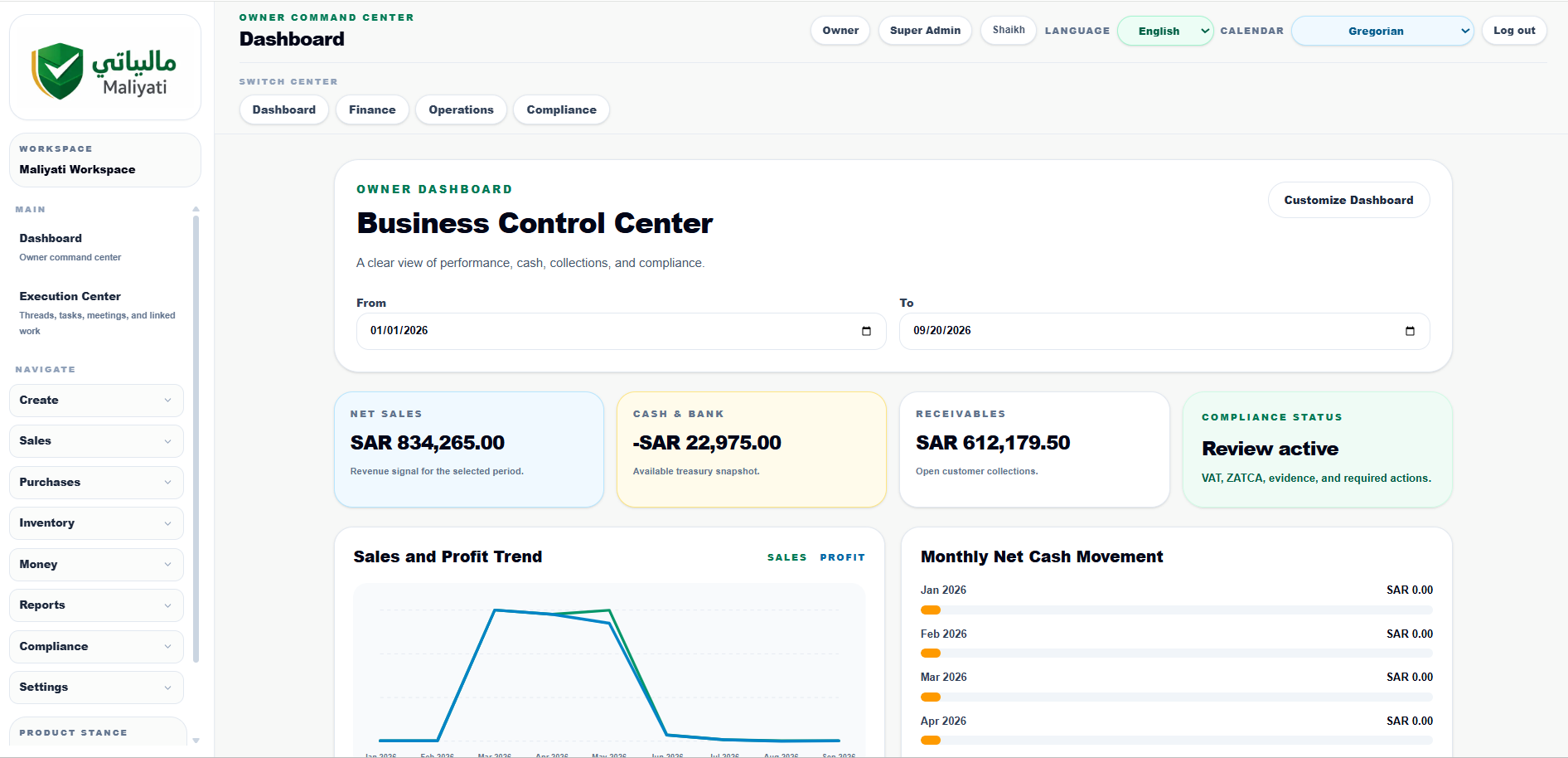 Maliyati Owner Business Control Center
